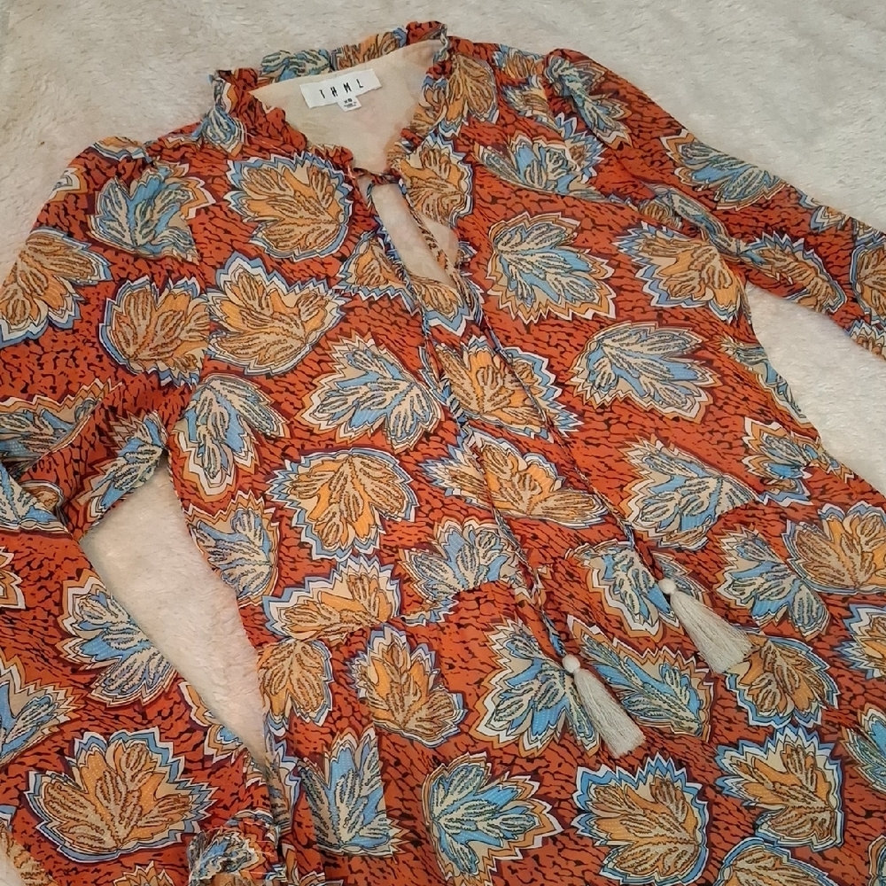 THML Leaf Print Tassel Dress Sz XS Boho Fall